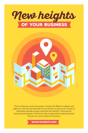 Vector creative colorful illustration of modern city map and geo signs with header new heights of your business and text on yellow background. Geo navigation poster template. Flat style design for city map, geo navigation themeのイラスト素材