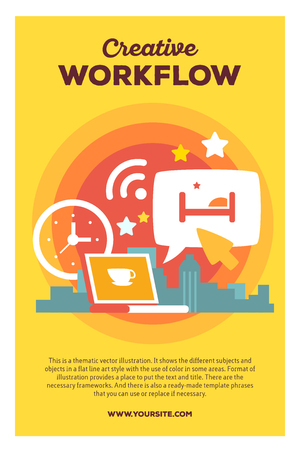 Vector creative colorful illustration of laptop with speech bubble and city with header and text on yellow background. Business workflow laptop poster template. Flat style design of laptop for urban work day themeのイラスト素材