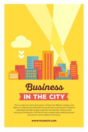 Vector creative colorful illustration of modern city in the bright rays of light with header in the city and text on yellow background. Business city poster template with ribbon. Flat style design for big city themeのイラスト素材