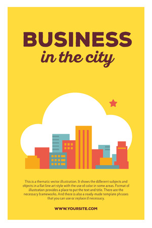 Vector creative colorful illustration of modern city in the cloud with header business in the city and text on yellow background. Business city poster template. Flat style design for business in the big city themeのイラスト素材