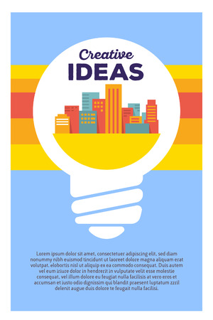 Vector creative colorful illustration of light bulb with city and header creative ideas, text on blue background. Creative idea poster template. Flat style design for light bulb themeのイラスト素材