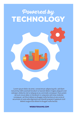 Vector creative colorful illustration of rotating gears with city and header powered by technology, text on blue background. Technology poster template. Flat style design for city technology themeのイラスト素材