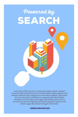 Vector creative colorful illustration of magnifier with city and header powered by search, text on blue background. Technology search poster template. Flat style design for city search engine themeのイラスト素材