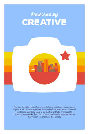 Vector creative colorful illustration of photo camera, city and rainbow with header powered by creative and text on blue background. Photo camera poster template. Flat style design for review photo camera themeのイラスト素材