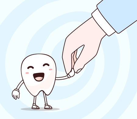 illustration of smile white tooth and human hand on blue background. Creative cartoon tooth, dentistry concept. Doodle style. Thin line art flat design of friendship of tooth and manの写真素材