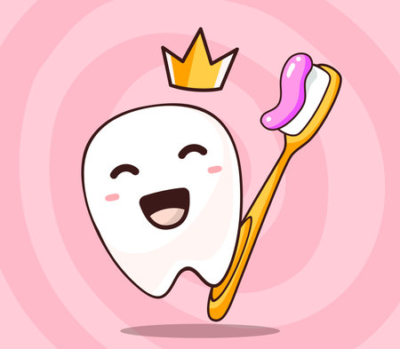 illustration of smile white tooth with yellow crown and toothbrush with paste on pink background....