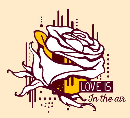 Vector illustration of abstract composition with flower and text in a black frame on yellow color background. Flower concept. Line art flat design for web, site, poster, greeting card, t-shirt, printのイラスト素材