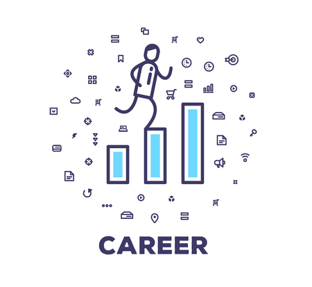 Vector business illustration of a man running up the stairs of graph on white background with icon cloud. Successful career creative linear concept. Flat line art style design for web, site, banner, poster, boardのイラスト素材