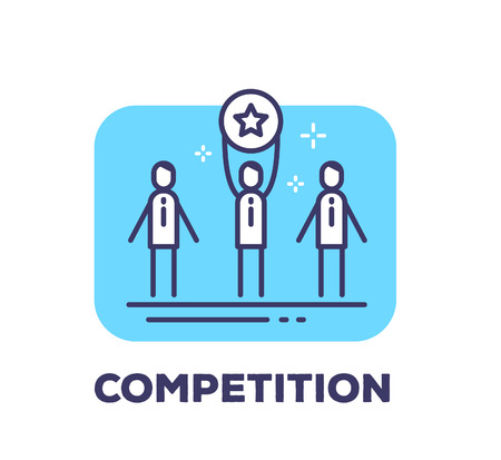 Vector business illustration of men holding a medal with the star sign of winning the competition on blue background with title. Successful creative linear concept. Flat line art style design for web, site, banner, poster, boardのイラスト素材