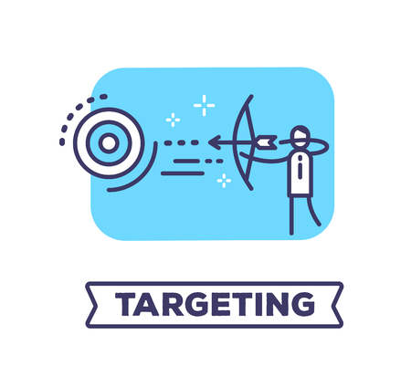 Vector business illustration of a man shoots a bow right on target on blue background with title. Successful creative linear concept. Flat line art style design for web, site, banner, poster, boardのイラスト素材