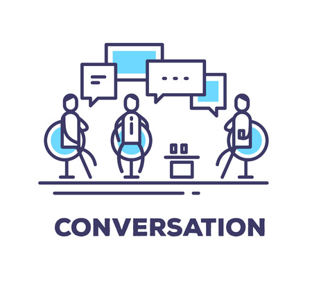 Vector business illustration of men sitting in chairs in the meeting room and talking on white background with title. Conversation creative linear concept. Flat thin line art style design for web, site, banner, poster, boardのイラスト素材