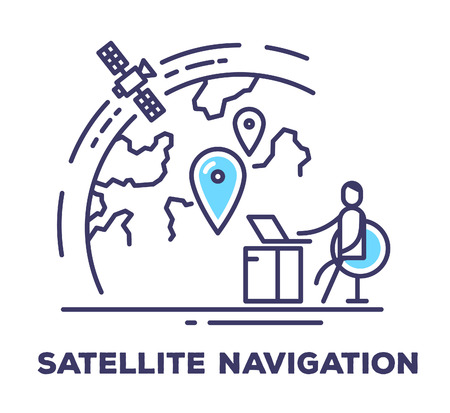 Vector business illustration of a man sitting in a chair next to the large screen with planet on white background with title. Satellite navigation creative linear concept. Flat thin line art style design for web, site, banner, poster, boardのイラスト素材