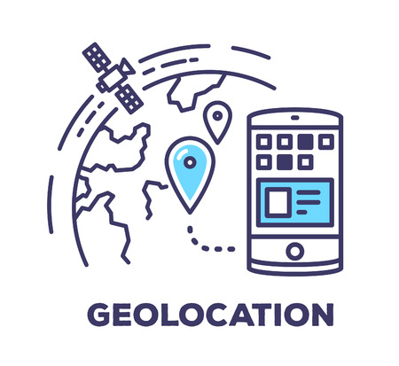 Vector business illustration of phone and planet with geo blue pin on white background. Geolocation creative linear concept. Flat line art style design for web, site, banner, poster, boardのイラスト素材