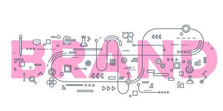 Creative illustration of brand word lettering typography with line icons on white background. Branding  technology concept. Thin line art style design of word brand for business branding themeのイラスト素材