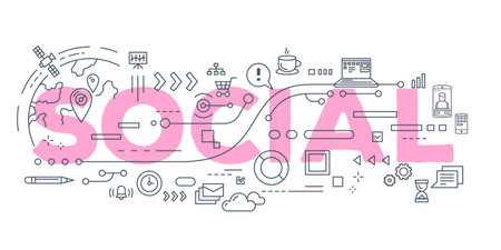 Creative Vector creative illustration of social word lettering typography with line icons on white background. Global social community concept. Thin line art style design for web, site, bannerのイラスト素材