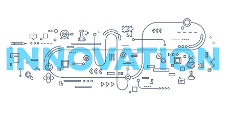 Innovation Vector creative illustration of innovation word lettering typography with line icons on white background. Innovation technology concept. Thin line art style design for innovation technology themeのイラスト素材