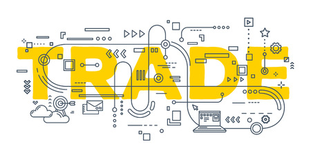 Trade Vector creative illustration of trade word lettering typography with line icons on white background. World trade concept. Thin line art style design for site, web, banner, posterのイラスト素材