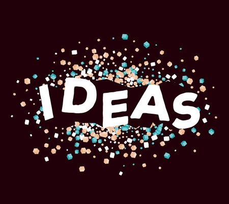 Vector Creative illustration of three dimensional word ideas with abstract retro color small cube shapes on dark background. Idea business concept. 3d fun style design of word ideas for web, site, banner, presentationのイラスト素材