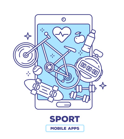 Vector creative illustration of mobile phone with bicycle, heart, skateboard, dumbbells on white background. Health application concept with heading. Thin line art flat design of sport mobile app for web, site, bannerのイラスト素材