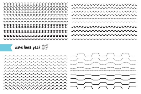 Vector collection of different wave with a very strong vibration amplitude and different line thicknesses. Big set of wavy - curvy and zigzag - criss cross horizontal lines. Wave line for design of decorative border, divider. Graphic design elements variaのイラスト素材