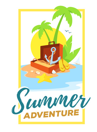 Vector creative template with frame and illustration of a sandy island in the ocean with a green palm tree, and more.のイラスト素材