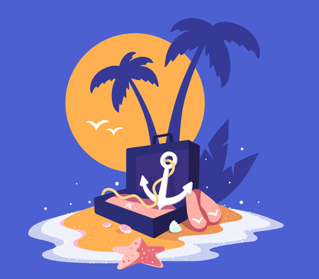 Vector creative illustration of a sandy island in the ocean with a palm tree.のイラスト素材