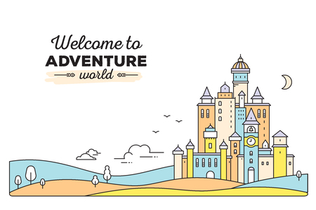 Vector template with colorful illustration of landscape. Castle with tree, cloud on white background with meadow and title. Thin line art design for web, site, advertising, horizontal bannerのイラスト素材