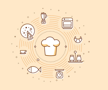 Illustration of chef hat with food icons.のイラスト素材