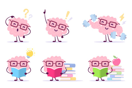 Enjoyable education brain cartoon concept. Set of illustration of pink color happy brain with glasses on white background with pile of books, light bulb, dumbbells. Flat style design of character brain for knowledge.