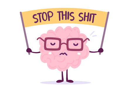 Vector illustration of pink color human brain with glasses holds the banner on white background. Strike cartoon brain concept. Doodle style. Flat style design of character brain for training, education themeのイラスト素材