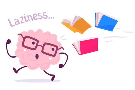 Vector illustration of a brain avoiding knowledge cartoon concept. Pink color lazy brain with glasses running away from color books flying behind on white background. Flat style design of character brain for knowledge, education themeのイラスト素材