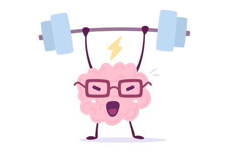 Illustration of pink color brain character with glasses lifting weights on white background. Doodle style. Flat style design of character brain for sport training