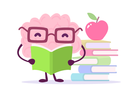 A Vector illustration of pink color brain character with glasses reading a book on white background with pile of books and a red apple. Flat style designのイラスト素材