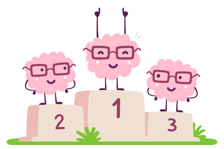 Vector illustration of pink color human brain with glasses stands on the winner pedestal on white background. The best cartoon brain concept. Doodle style. Flat style design of character brain for training, education themeのイラスト素材