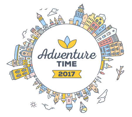 Vector colorful illustration of circular panorama of detailed city landscape on white background. Urban european city with tree, cloud, air balloon, air plane. Thin line art design for web, site, advertising, world travel bannerのイラスト素材