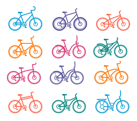 Vector color set of urban different bike models on white background. Bike riding concept. Thin line art flat design of bicycles for icon, web, poster, advertising of serviceのイラスト素材