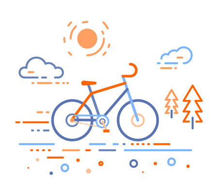 Vector illustration of bicycle in the forest. Bike training concept on white outdoor background. Thin line art flat design of bicycle, riding on the bicycle and cycling themeのイラスト素材