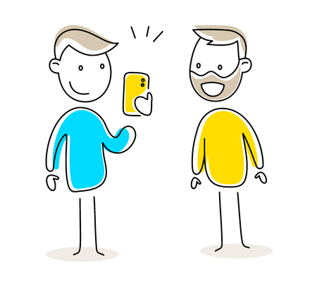 Vector color illustration of friends making photo together on white background. Take selfie for memory or for social networks. Line art doodle style design for web, site, banner, advertisingのイラスト素材