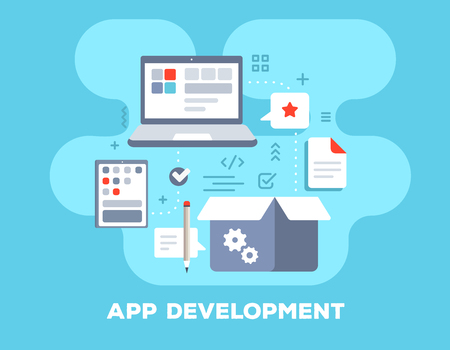 App development concept on blue background with title. Vector color illustration of big laptop, mobile tablet, box and icons. Flat style design for web, site, banner, business presentationのイラスト素材