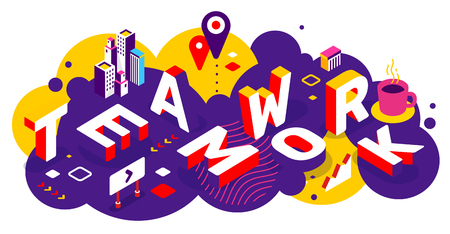Vector creative abstract horizontal illustration of 3d teamwork word lettering typography on bright color background. Work people together concept with decor element. Isometric design for business teamwork web, site, bannerのイラスト素材