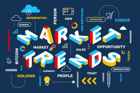 Market trends concept on dark color background with icon, keyword. Vector creative horizontal illustration of 3d word lettering typography. Isometric template design for business web bannerのイラスト素材