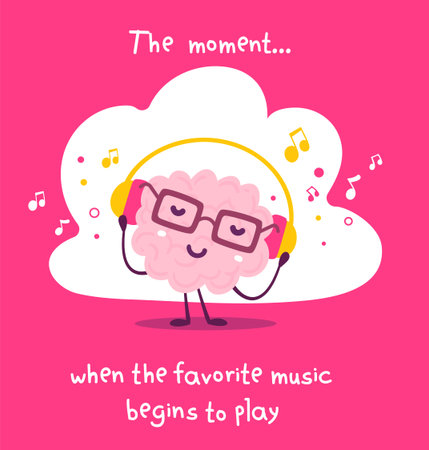 Vector illustration of pink color smile brain with glasses, headphones listening to music on white background. Music lover cartoon brain concept. Doodle style. Flat style design of character brain for education themeのイラスト素材