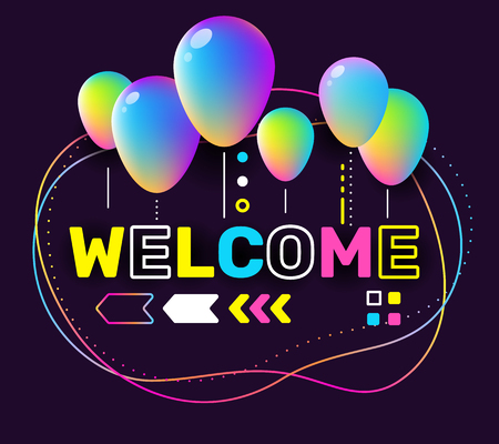 Vector creative illustration of welcome word lettering typography on black background. Invitation concept to the event with 3d colorful air balloon, decor element. Isometric design for business web, site, banner, cardのイラスト素材