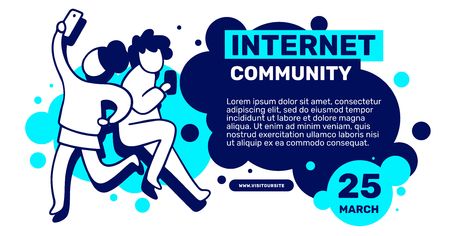 Vector creative template with illustration on blue background. Happy man and woman with mobile phone taking a selfie. Flat line art style design for web, site, banner, poster, horizontal presentationのイラスト素材