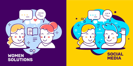 Vector creative set of illustration with head of people and icon on color background with text. Line art style design for web, site, banner, presentationのイラスト素材