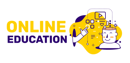 Vector creative illustration of online education and open head of man, icon on yellow background with text. Line art style design for web, site, banner, presentationのイラスト素材