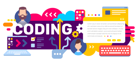 Vector creative illustration of coding word typography with laptop and head of people in bubble on bright color background with arrow, icon. Flat style design for web, site, banner, presentationのイラスト素材