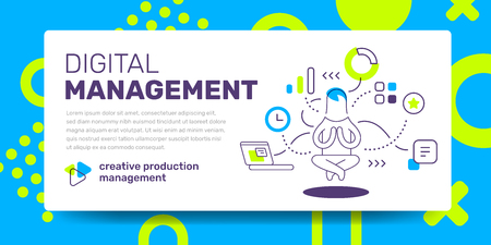 Vector template with illustration of flying guru manager and icon on white background with text digital management. Line art style design with abstract pattern for web, site, banner, presentationのイラスト素材