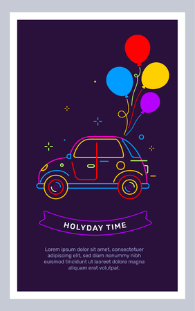 Vector illustration in frame of retro car neon color with bright bunch of flat style air balloon and text on black background. Line art style creative template design for web, site, banner, card, posterのイラスト素材