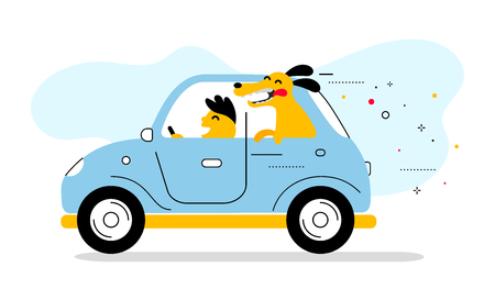 Vector creative illustration of blue color retro car with man driver and smile dog on white background. Flat style design for web, site, banner, cardのイラスト素材